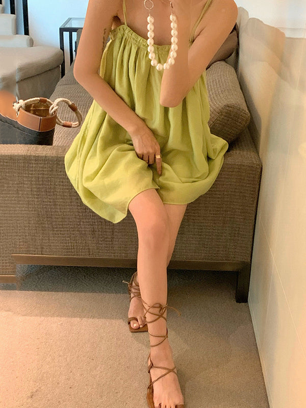 Loose Sleeveless Pleated Color Spaghetti-neck Mini Dresses Slip Dress