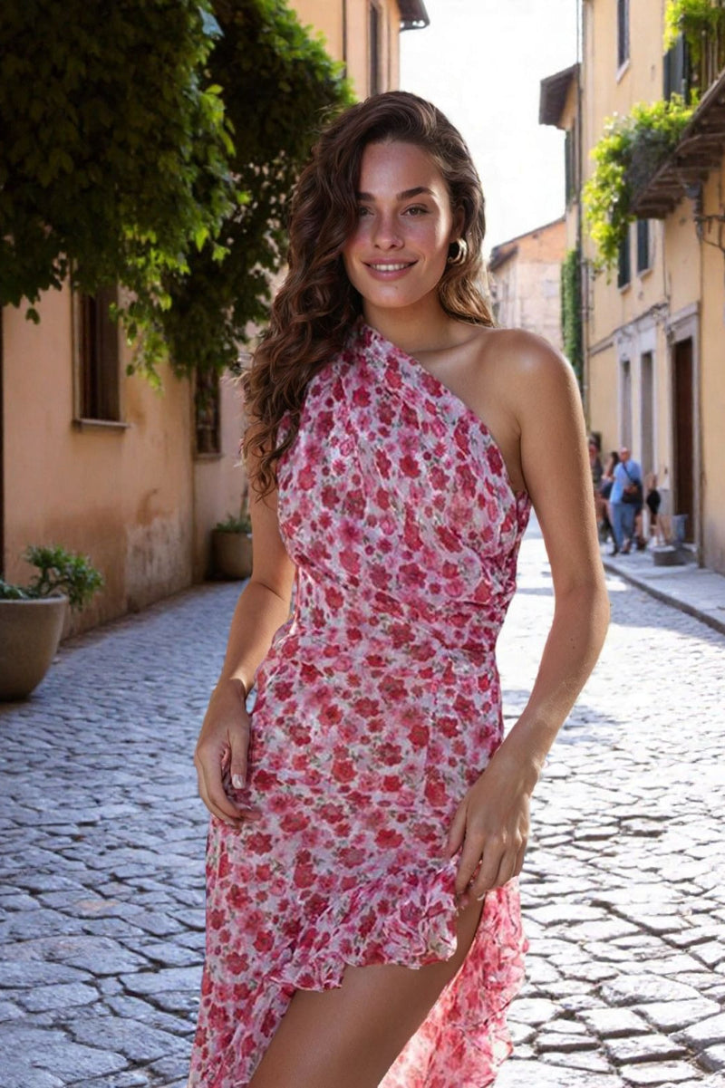 Asymmetric Ruffle Print Maxi Dress