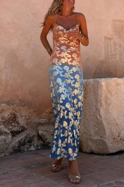 Tie Dye Ombre Gold Print Strappy Maxi Dress