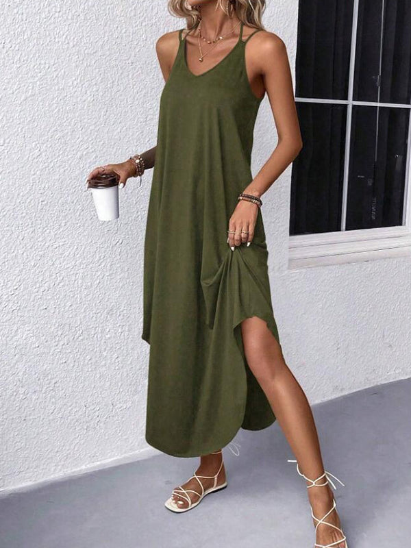 Loose Color Spaghetti-neck Maxi Dresses