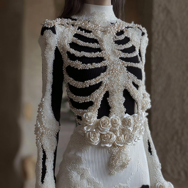 Comstylish Women's Vintage Halloween Skeleton Bones With Rose Art Cozy Knit Mini Sweater Dress