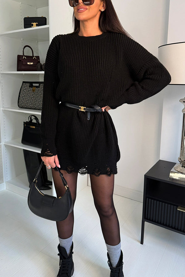 Color Loose Ripped Knitted Mid-length Sweater