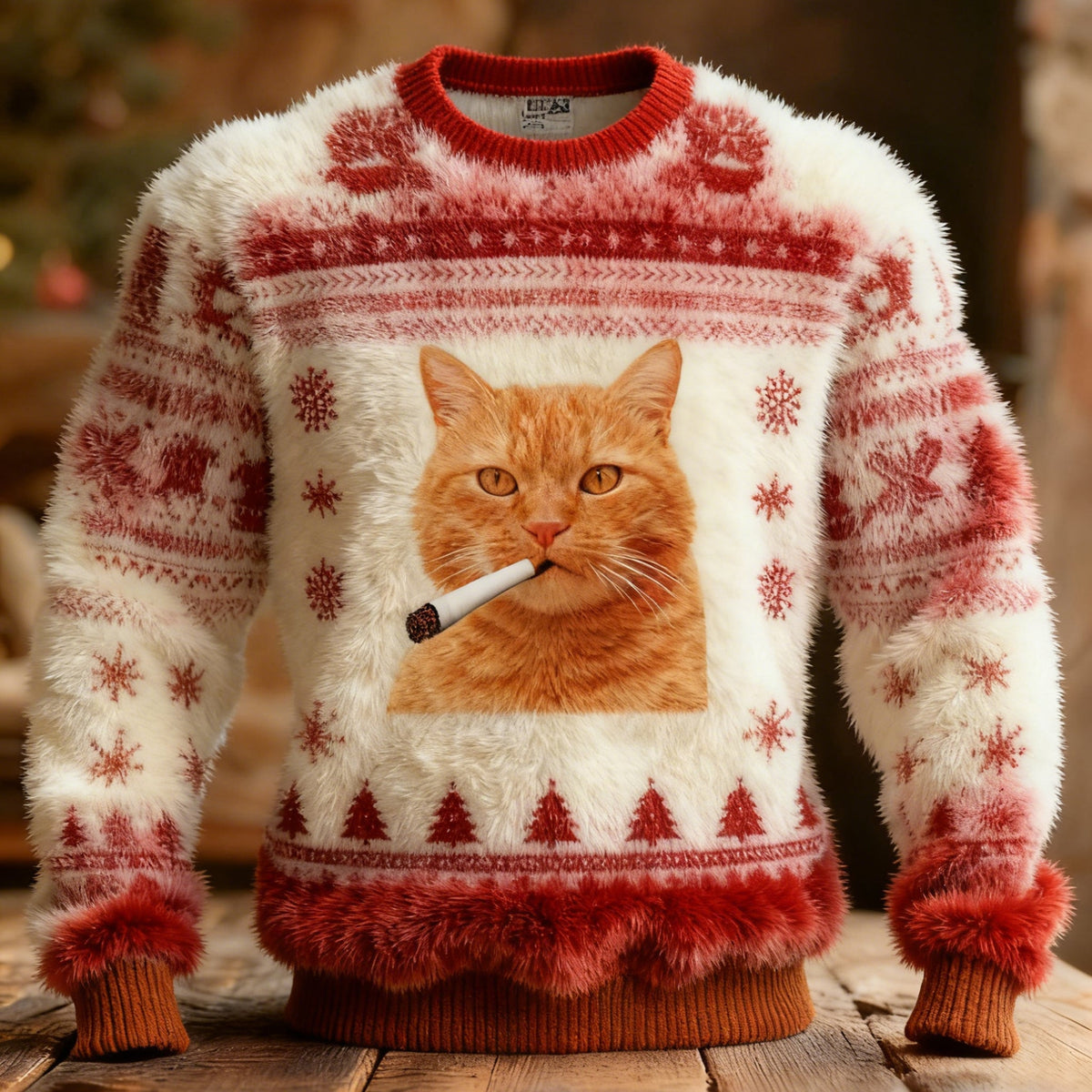 Comstylish Cute And Quirky Cat Pattern Warm Crew Neck Sweater