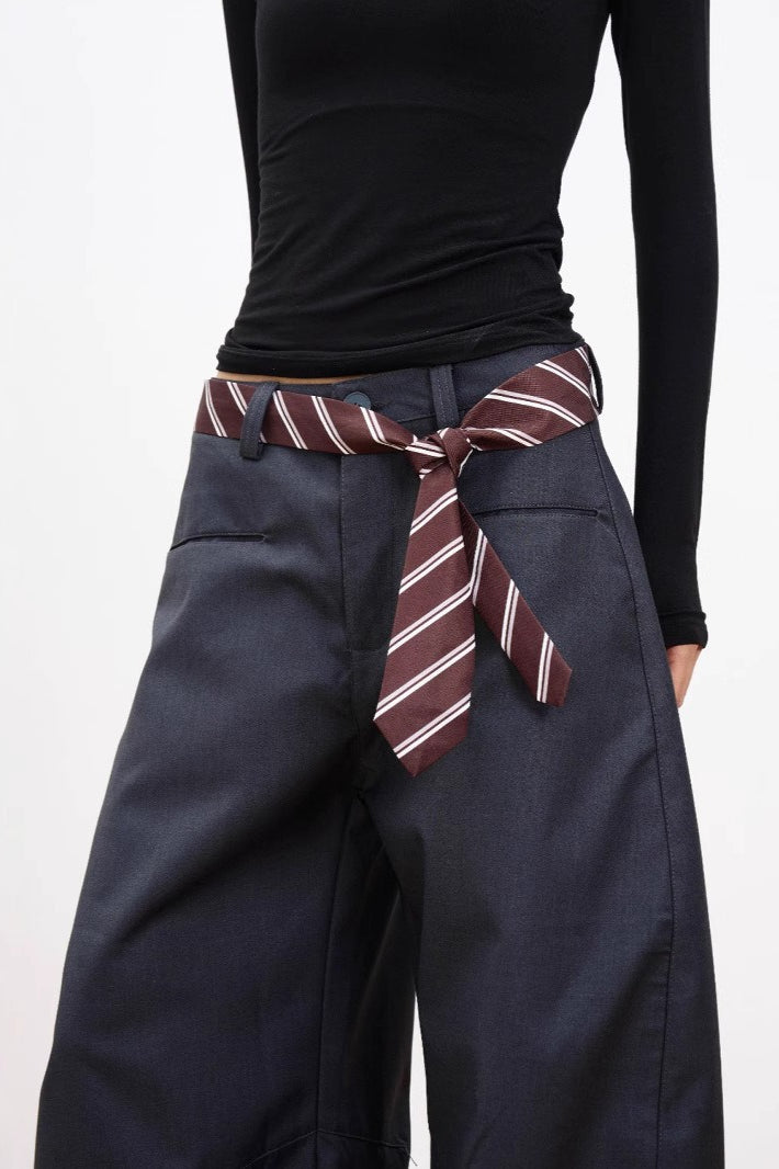 Belt Detail Curved Wide Leg Pants