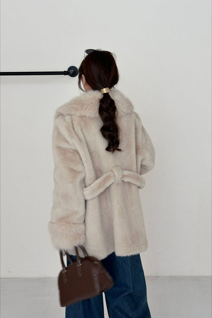 Faux Animal Fur Suede Mid-length Notch Collar Tie Waist Coat