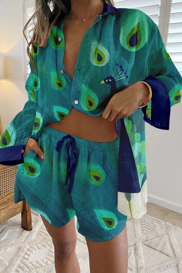 Smart Peacock Print Buttoned Lace Up Shorts Set