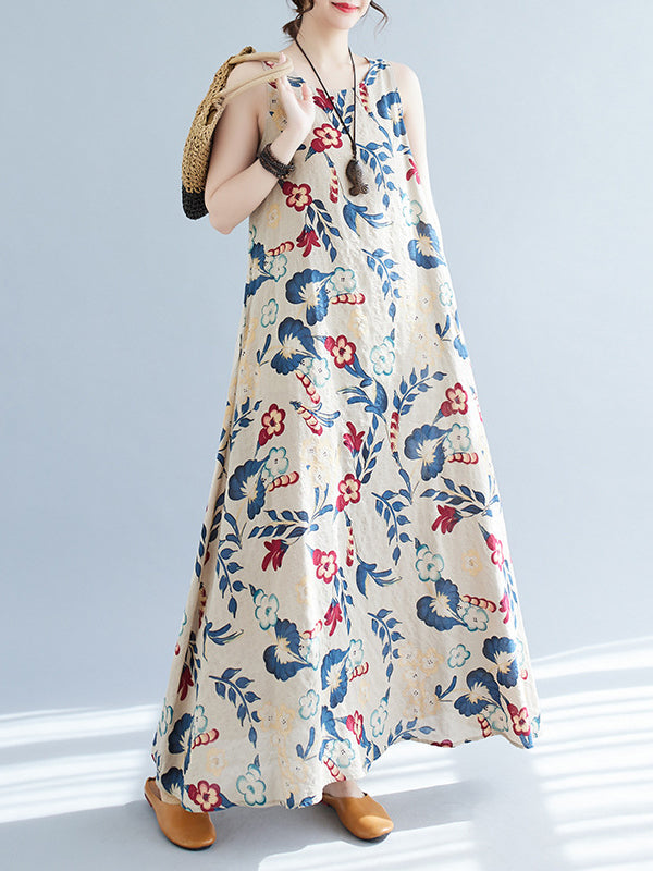 Loose Sleeveless Printed Round-neck Maxi Dresses