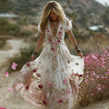 Women's Vintage Rose Embroidery Art V-neck Short Sleeve Maxi Dress elevenforest