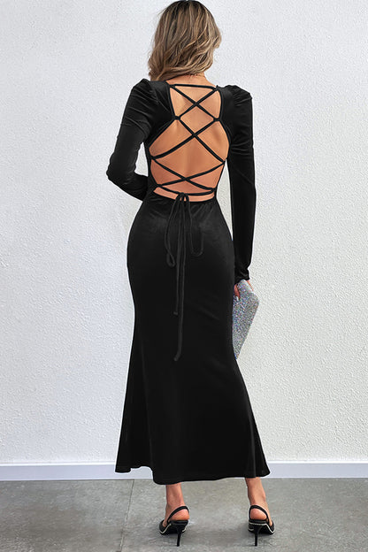 Velvet Long-sleeved Backless Slim Fit Fishtail Maxi Dress