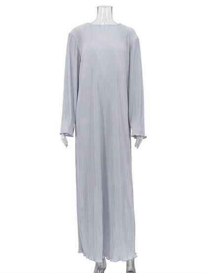 Long Sleeves Loose Pleated Color Round-neck Maxi Dresses