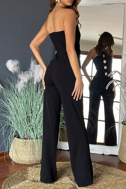 Color Tube Top Gold Button Embellished Bootcut Jumpsuit