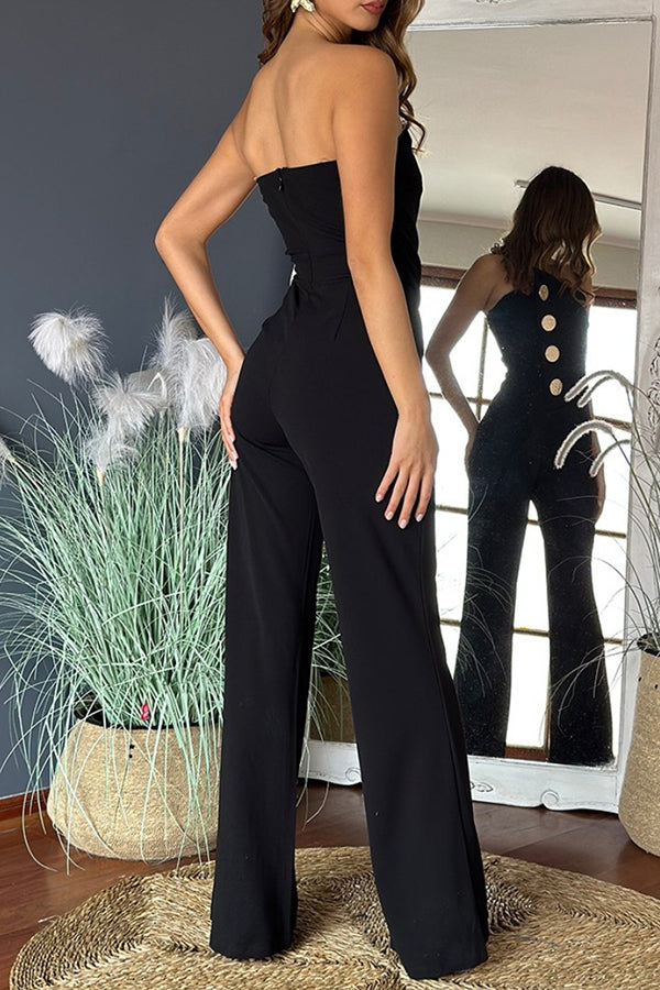 Color Tube Top Gold Button Embellished Bootcut Jumpsuit