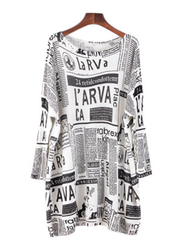 Loose One-shoulder Newspaper Printed Split-joint Sweater