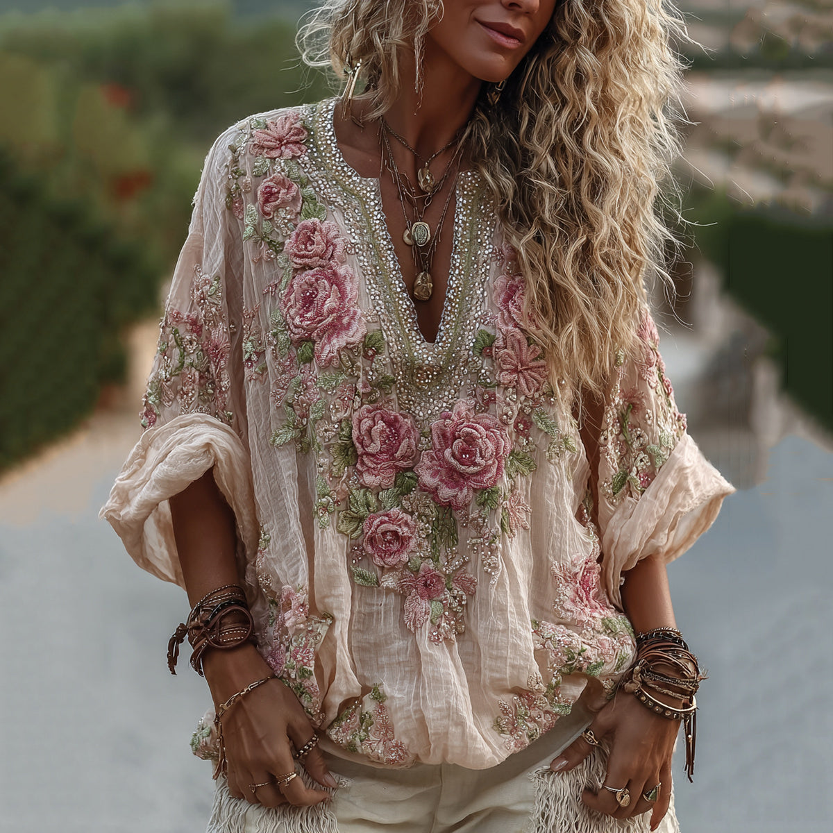 Women's Vintage Rose Embroidery Art Comfy Linen Shirts elevenforest