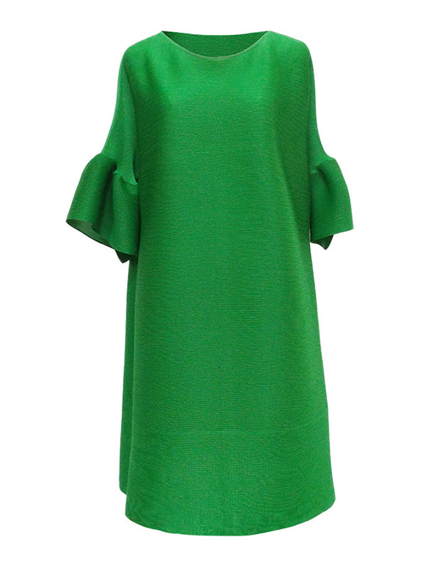 Stylish Selection Flared Sleeves A-line Pleated Color Round-neck Midi Dresses