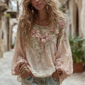 Women's Vintage Pink Rose Embroidery Art Round Neck Long Sleeve T-shirt elevenforest