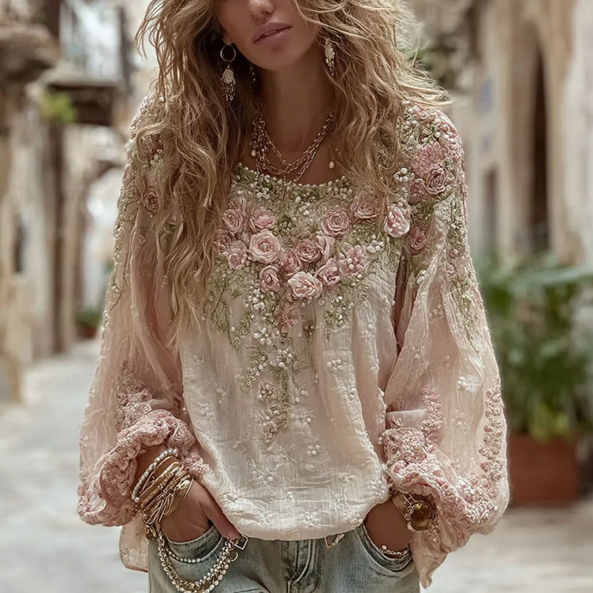 Women's Vintage Pink Rose Embroidery Art Round Neck Long Sleeve T-shirt elevenforest
