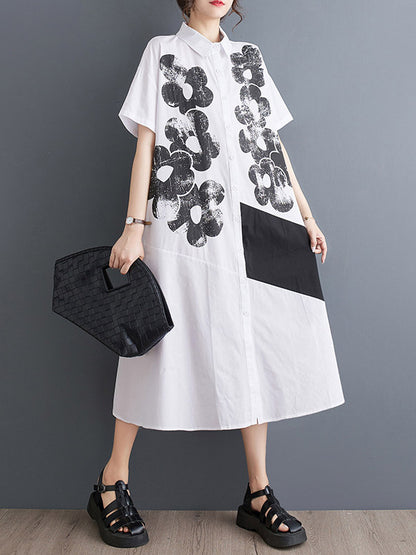 A-line Loose Asymmetric Buttoned Flower Print Lapel Midi Dresses Shirt Dress