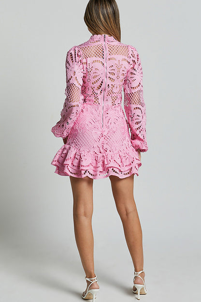 Color Hollow Long-sleeved Waisted Lace Mini Dress