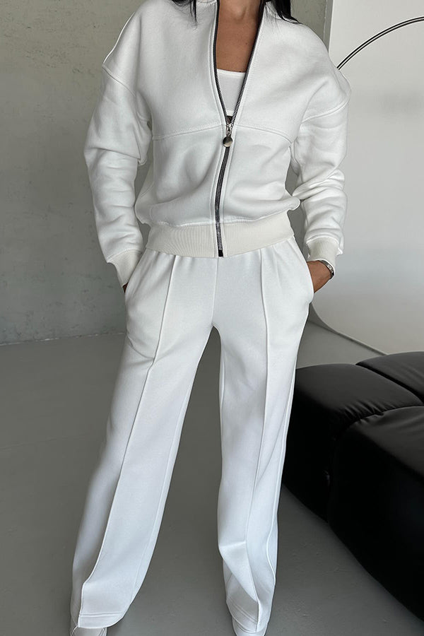 Color Long Sleeve Zipper Jacket and Elastic Waist Pocket Wide Leg Pants Set