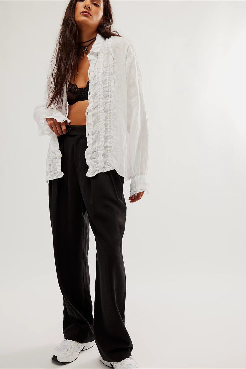 Linen Ruffled Long-sleeve Blouse