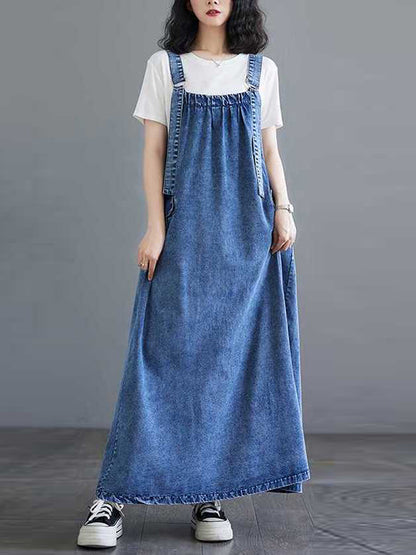 A-line Loose Pleated Pockets Split-joint Spaghetti-neck Maxi Dresses Suspender Dress