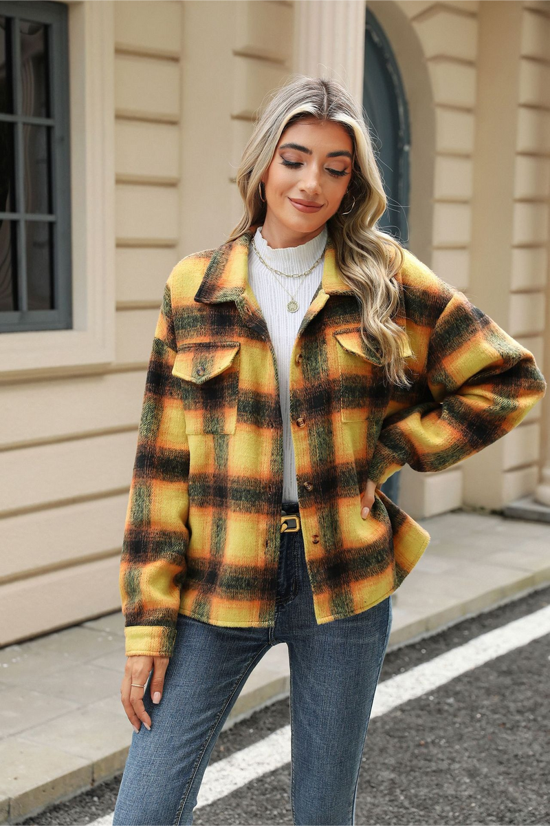 Loose Plaid Lapel Faux Wool Long Sleeve Coat