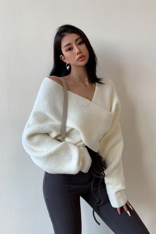 V-neck Crisscross Cold Shoulder Asymmetric Sweater