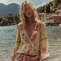 Vintage Rose Floral Embroidery Long Sleeve V-neck Shirt elevenforest