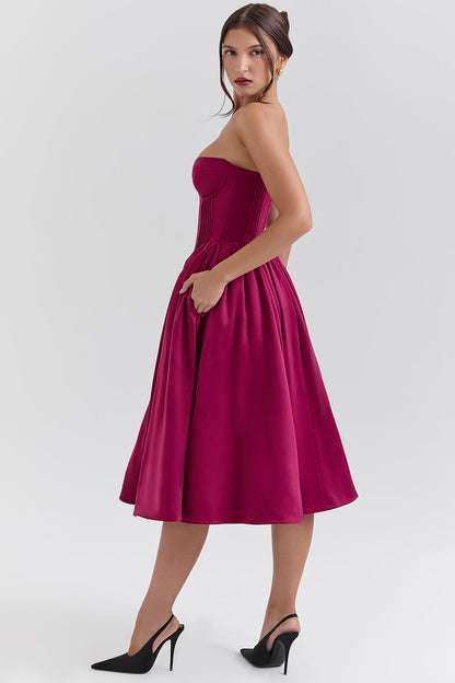 Burgundy Satin Tulle Midi Dress -