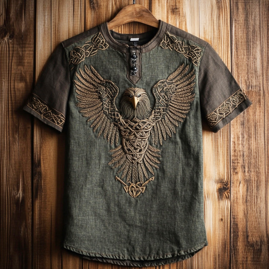 Men's Viking Celtic Eagle Embroidery Art Linen T Shirt elevenforest