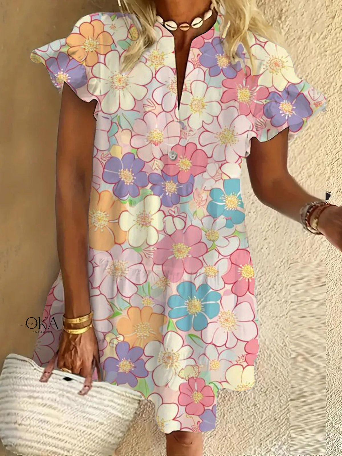 Vintage Flower Print Ruffled Short-sleeved V-neck Buttoned Dress Vacation Beach Dress