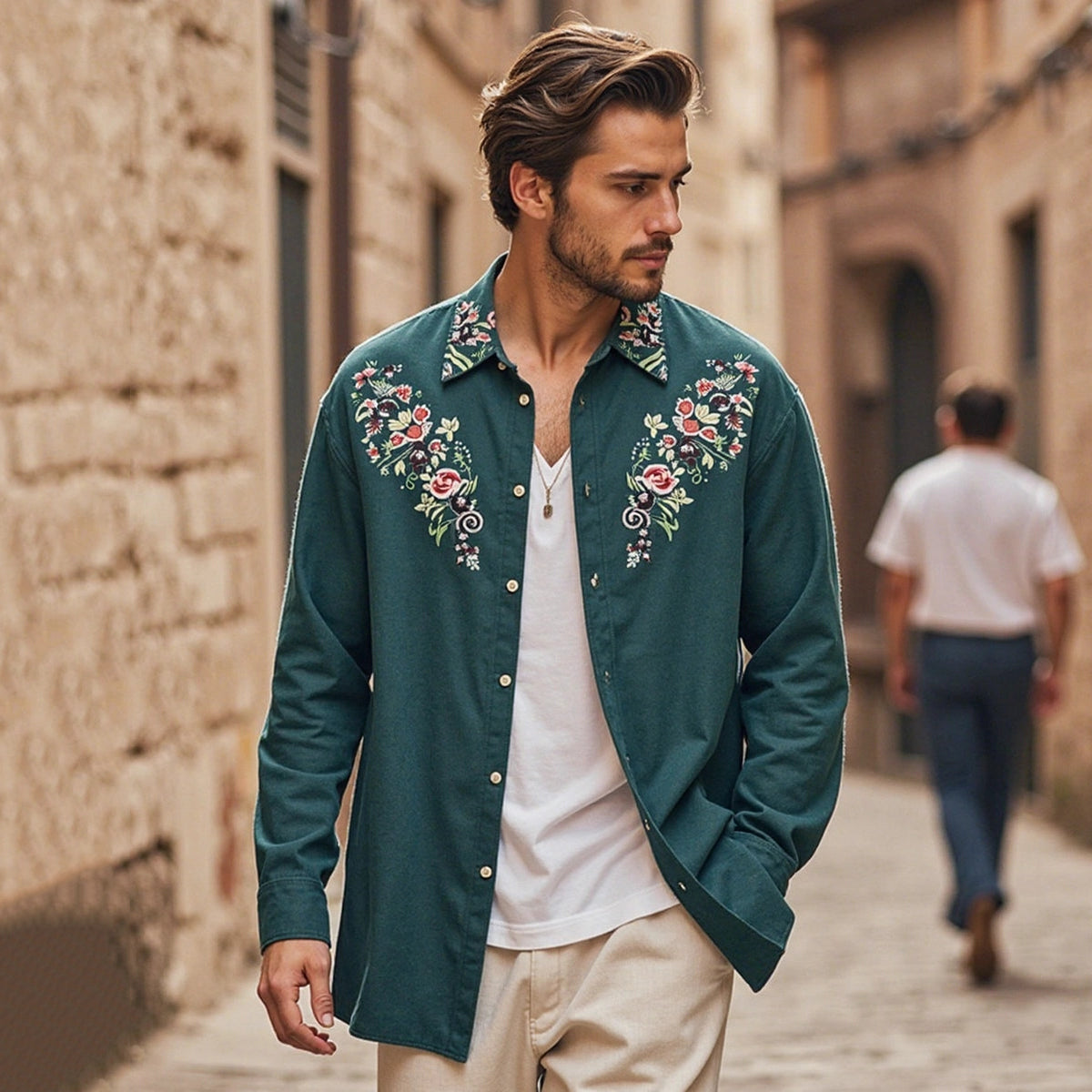 Men's Bohemian Embroidered Linen Long Sleeve Shirt elevenforest