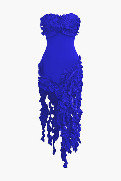 Color Ruffled Fringe Strapless Midi Dress