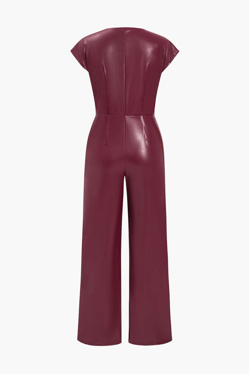Color Faux Leather Button Jumpsuit