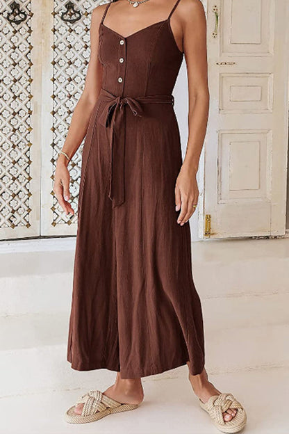 Sleeveless Spaghetti Strap V-neck Gathered Wide-leg Jumpsuit