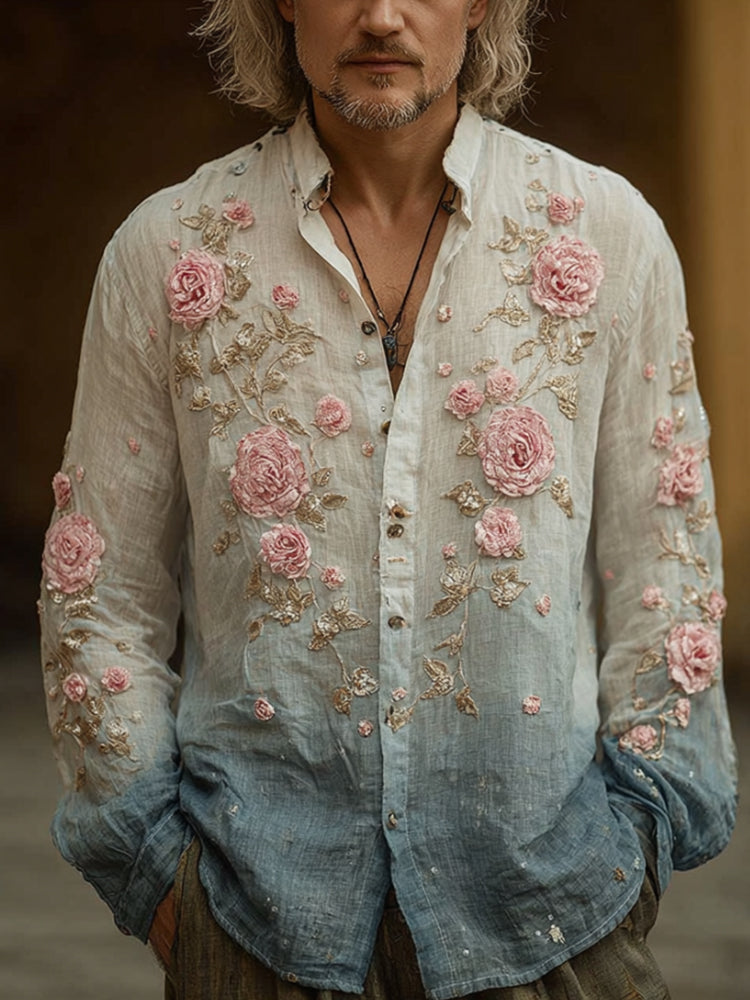 Men's Pink Rose Embroidery Tie-dye Vintage Long-sleeved Shirt elevenforest
