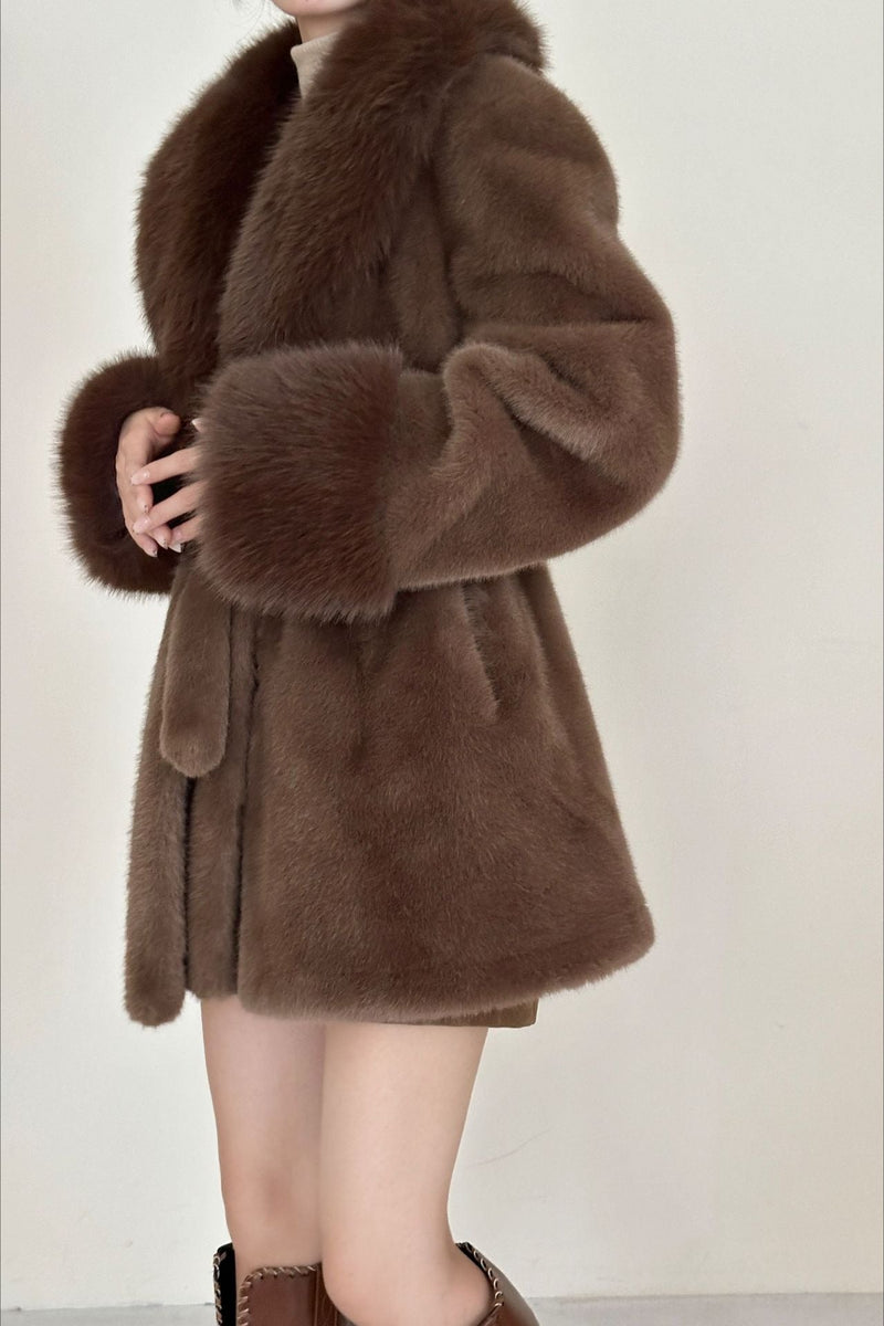 Faux Animal Fur Suede Mid-length Notch Collar Tie Waist Coat
