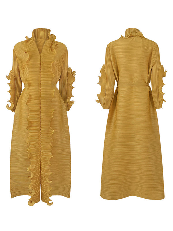 Original Loose Long Sleeves Tied Pleated Falbala Color V-neck Maxi Dresses