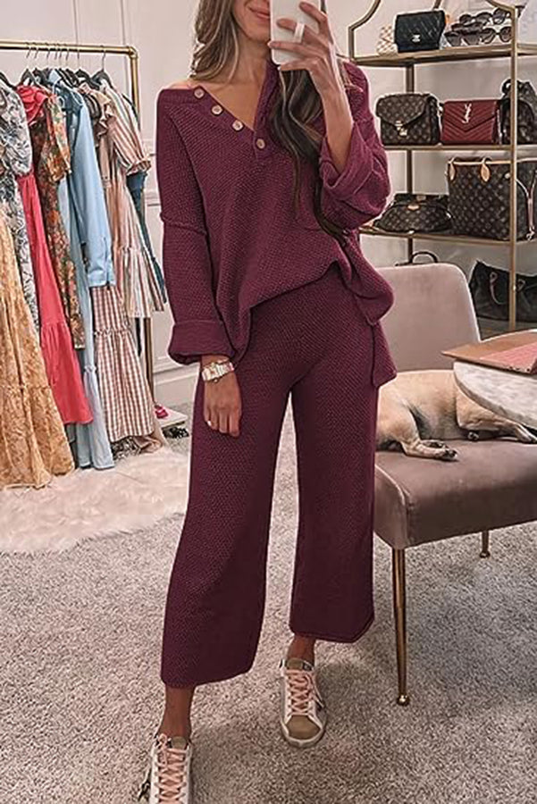 Heather Hailey Color Button V Neck Top and Pant Two Piece Set