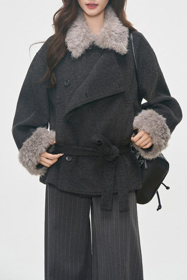 Fur Collar Fur Cuffs Short Woolen Coat