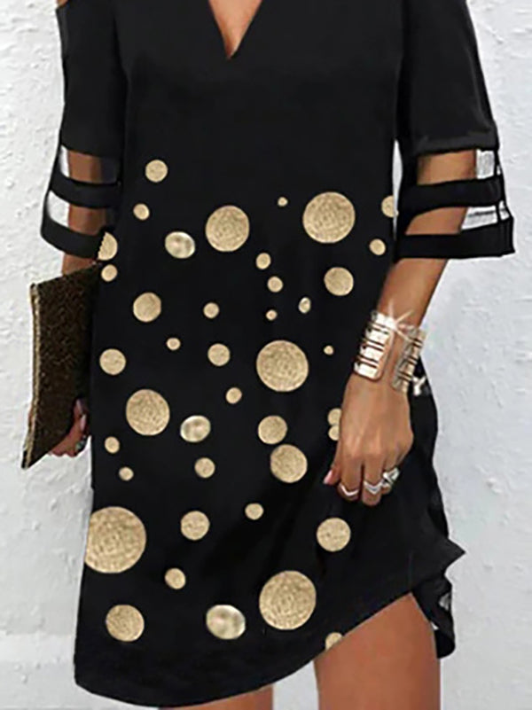 Half Sleeves Loose Hollow Mesh Polka-dot Split-joint Cold Shoulder Mini Dresses