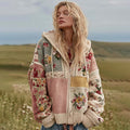 Women's Vintage Floral Patchwork Cozy Zipper Knit Sweater Hooded elevenforest