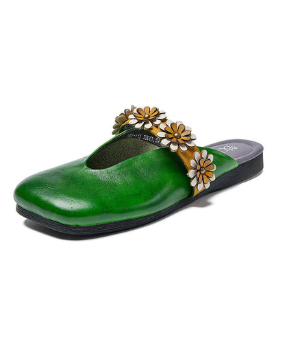 New Style Green Cowhide Leather Flats Slide Sandals
