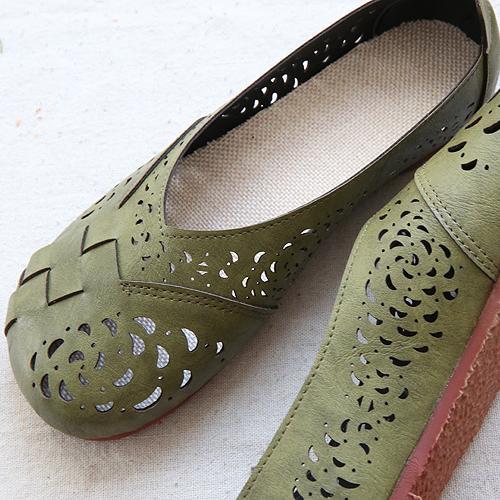Hollow Out Plait Linen Insole Leather Flats Shoes