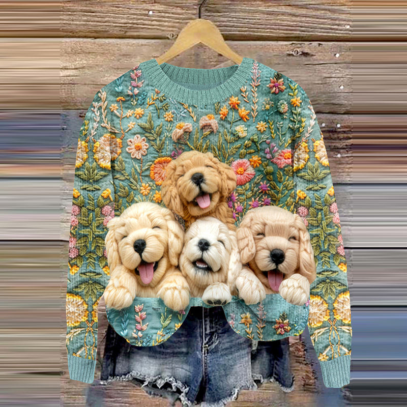 Comstylish Women's Vintage Golden Retrievers And Floral Art Graphics Cozy Sweater