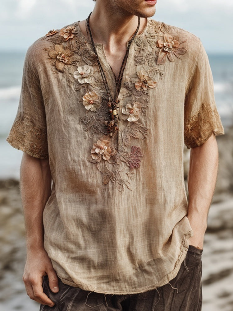 Boho Floral Lace Embroidered Men's Linen V-neck Shirt elevenforest