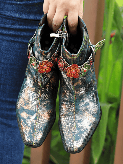 Soffia | Snake Pattern Embossed Green Leather Kitten Heel Ankle Boot
