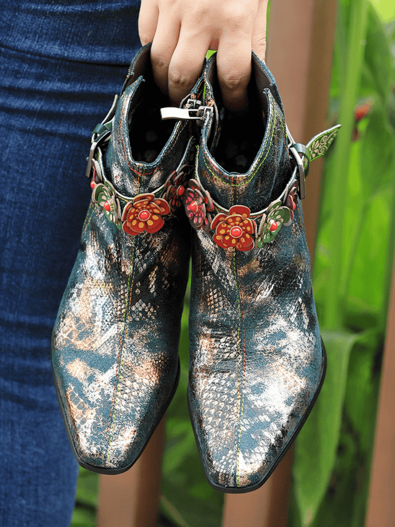 Soffia | Snake Pattern Embossed Green Leather Kitten Heel Ankle Boot
