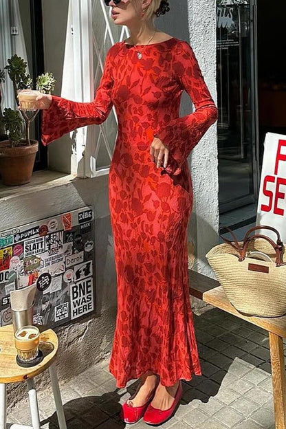 Moxidress Bell Long Sleeves Print Maxi Dress